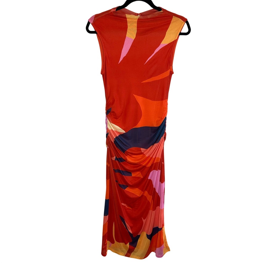 Farm Rio x Anthropologie Ruched Mesh Midi Dress Orange Abstract Size XS - Picture 3 of 9